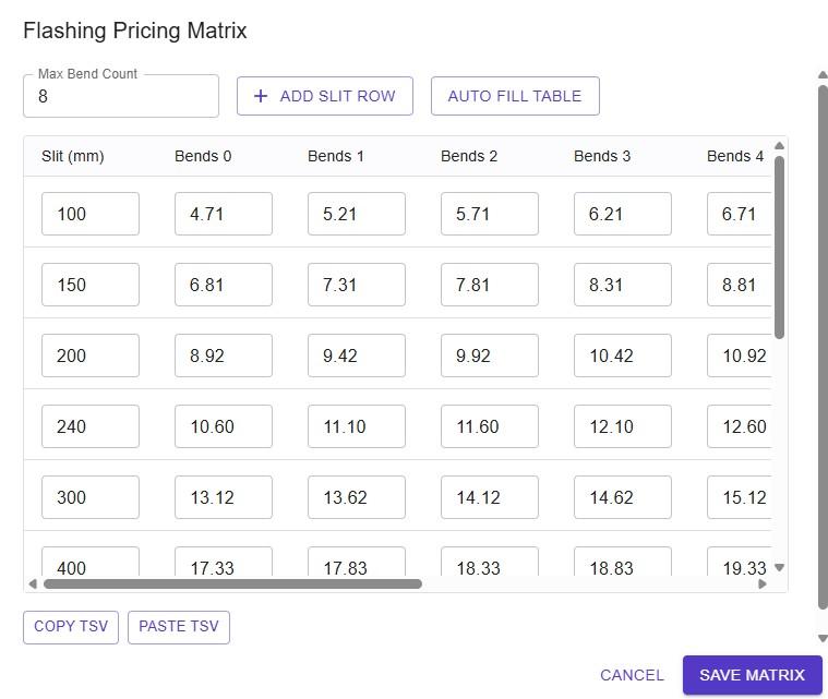 Pricing matrix settings